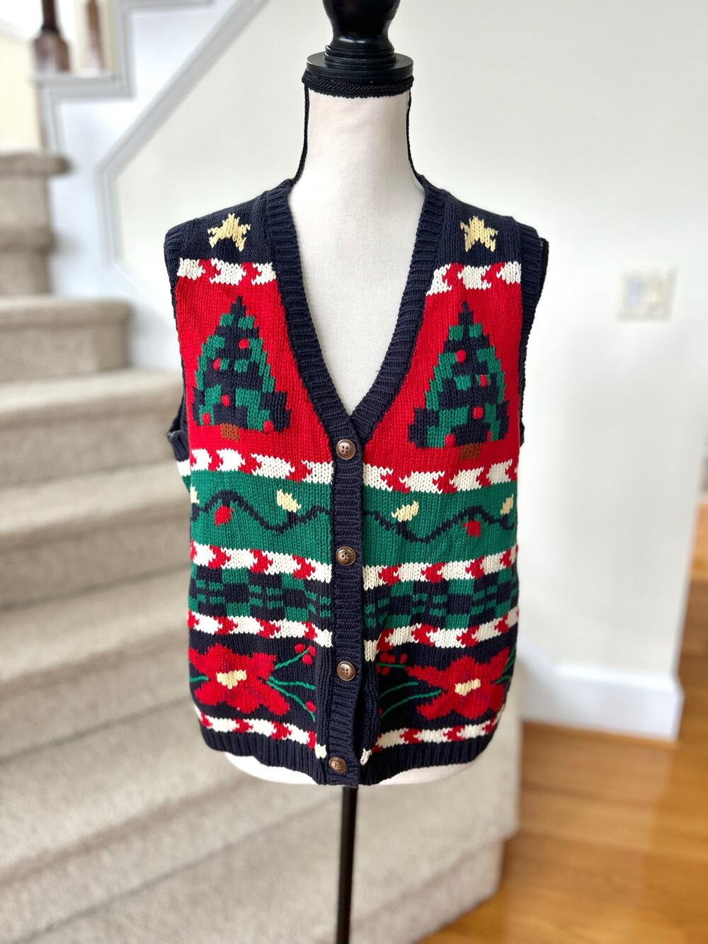 Vintage 90s Christmas Tree Navy Red Green Sweater Vest Snowman Lights Poinsettia